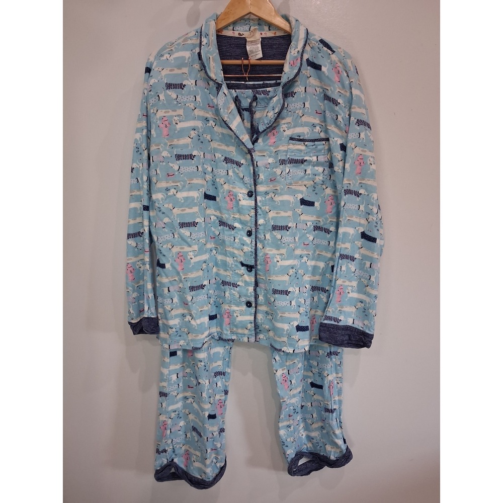 Munki Munki Womens XL Pajama Set Blue Dachshund Dog Print Button Front PJs Loung